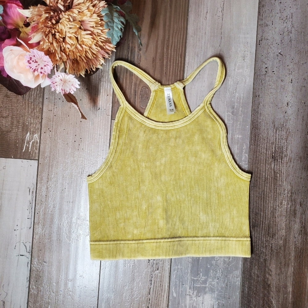 Zenana Rendezvous Crop Tank Ribbed Mineral Washed Yellow Crop Top Brami S/M NWOT